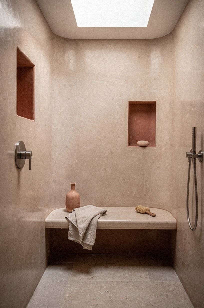 Layer terracotta against a quiet plaster finish