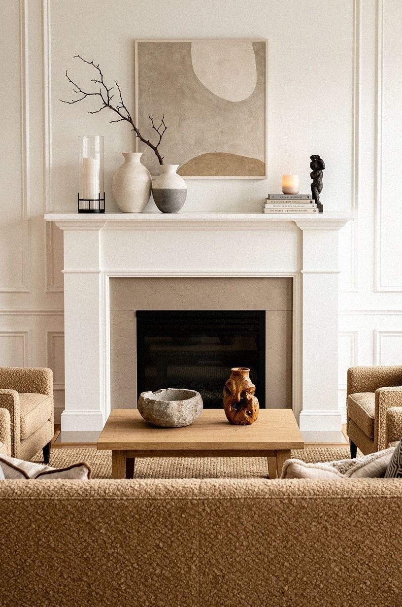Here's what the mantel looked like before, warm white palette