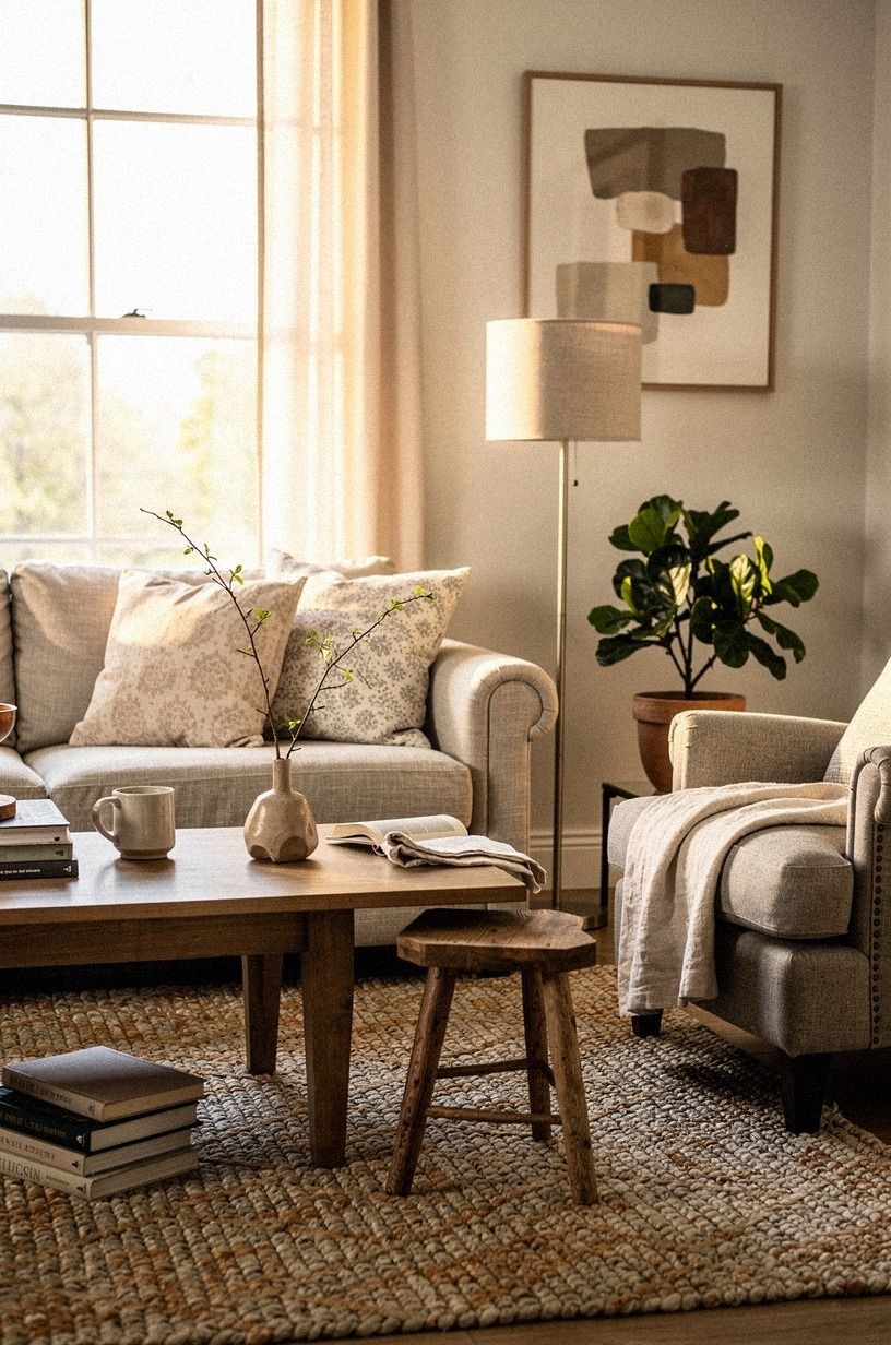 I built the natural layer from the bed outward, sage green palette