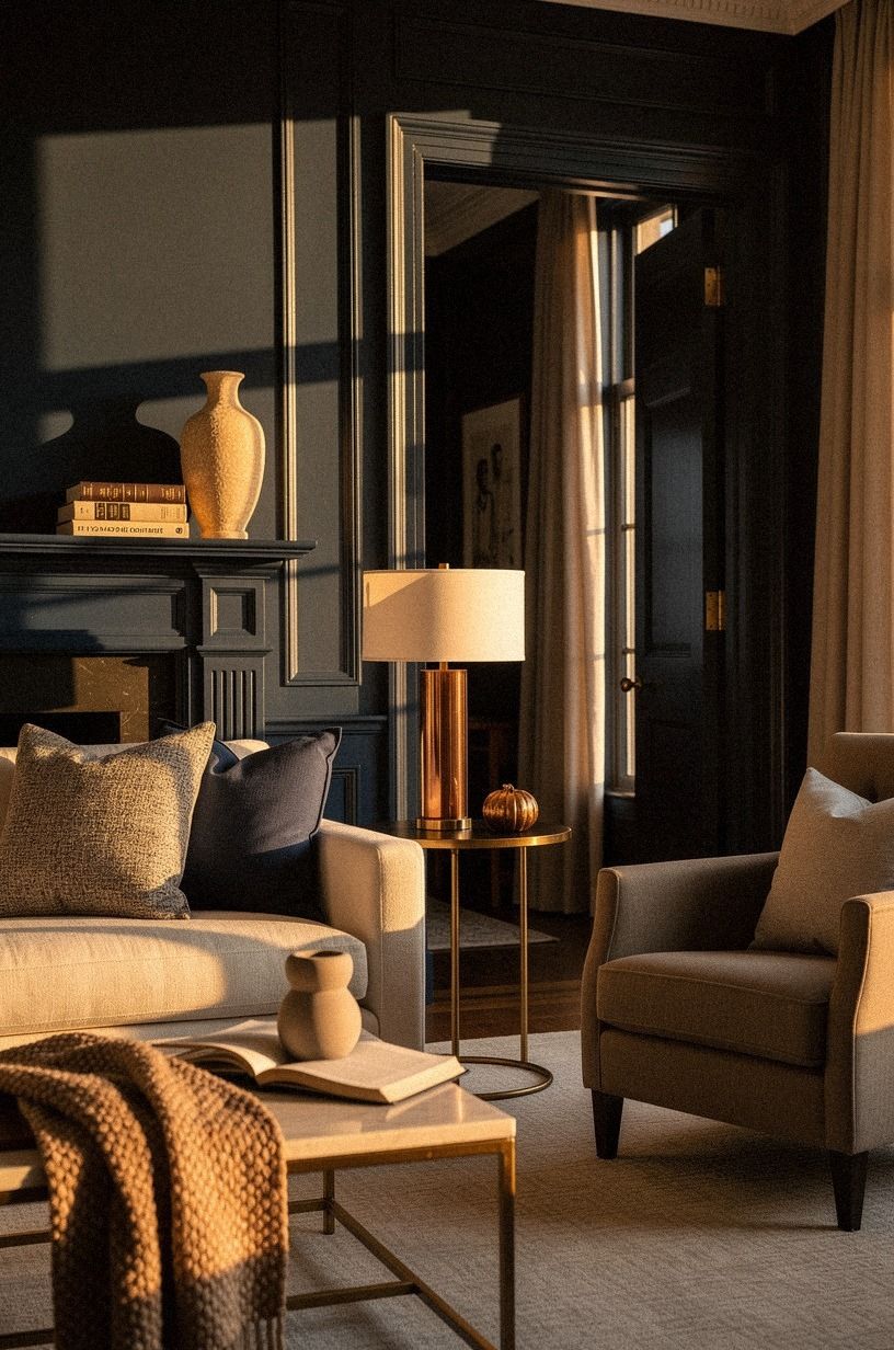 I cleared the mantel and let the fall light in, midnight blue palette