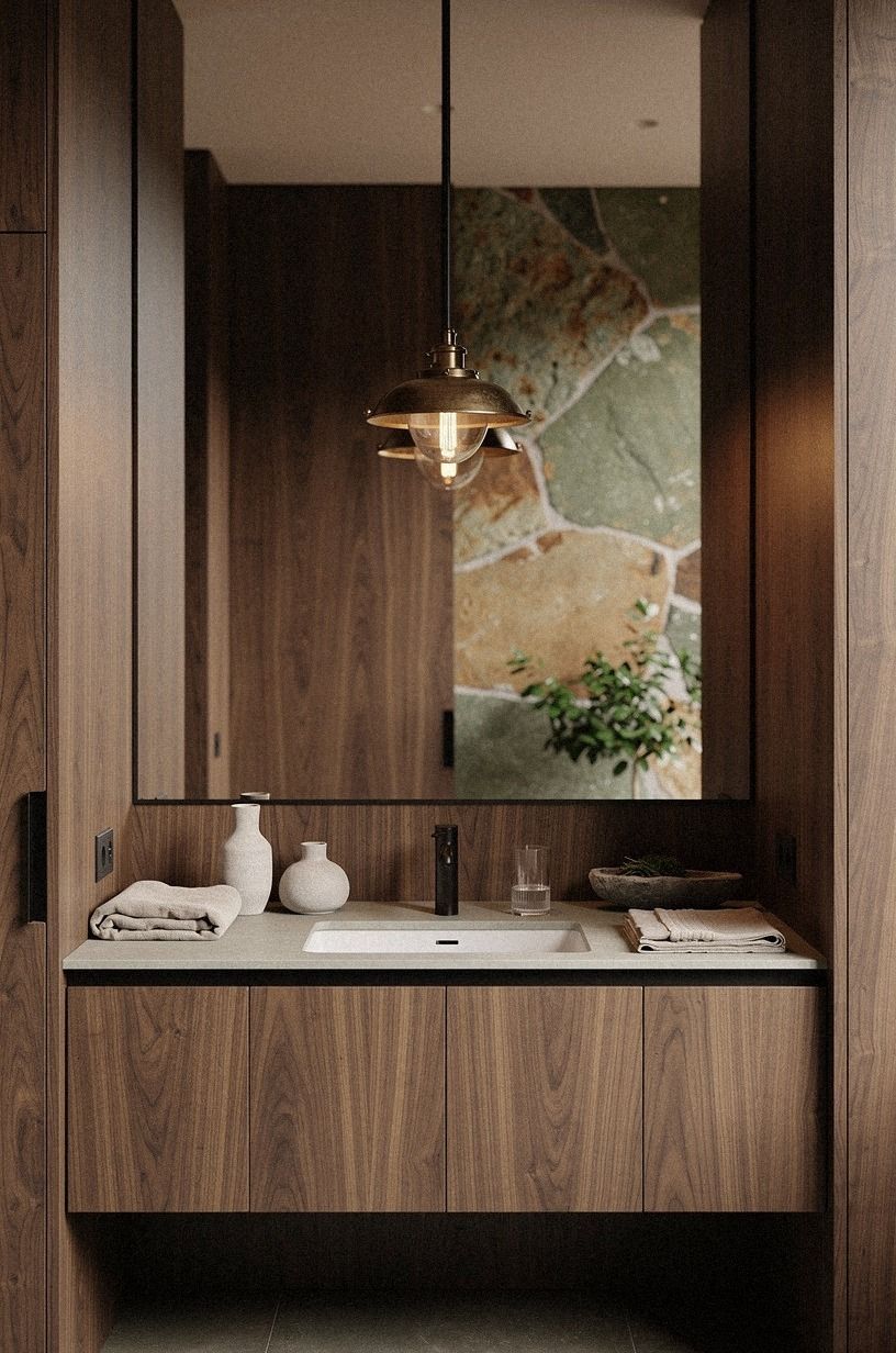Hang one antique pendant over the vanity
