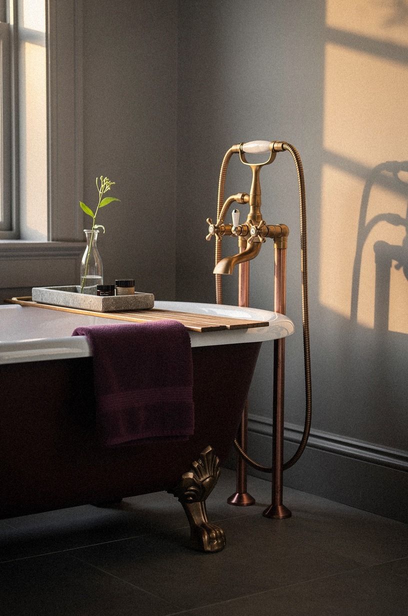 Pair an antique tub filler with a restrained hand shower