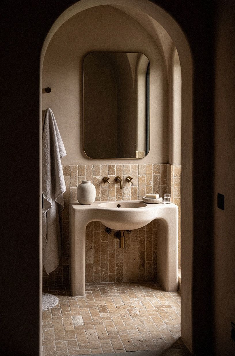 I chose a running-bond travertine tile layout, clay palette