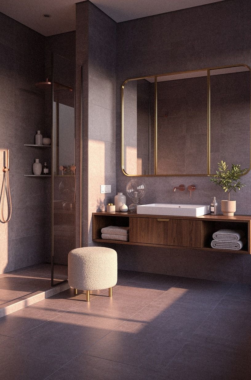 I used larger stone pieces to quiet the floor, plum palette