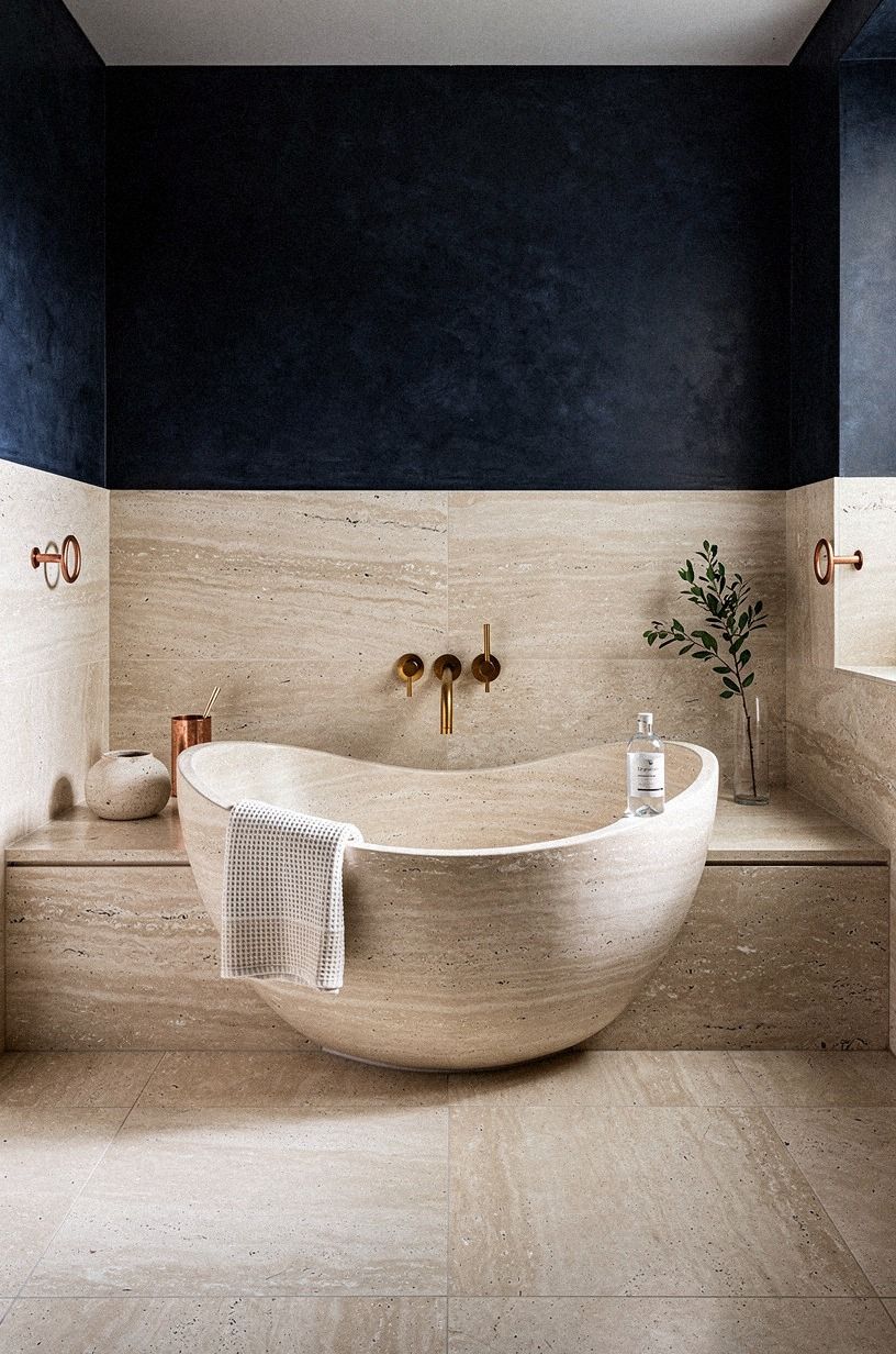 The Travertine Spa Bathroom That Made Me Stop Rushing, midnight blue palette
