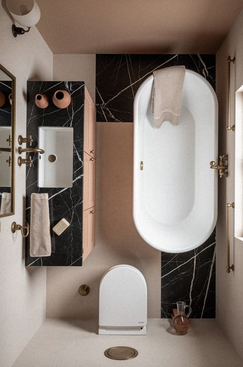 Pair Benjamin Moore Chestertown Buff with Nero Marquina black marble