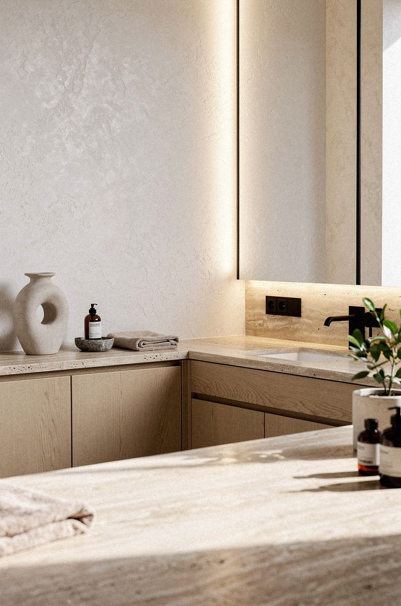Pair plaster and wood bathroom warmth