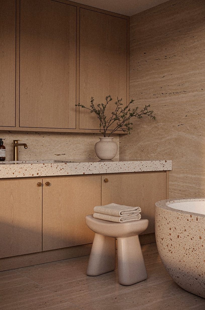 Let oversized-chip terrazzo settle into the bathroom at evening