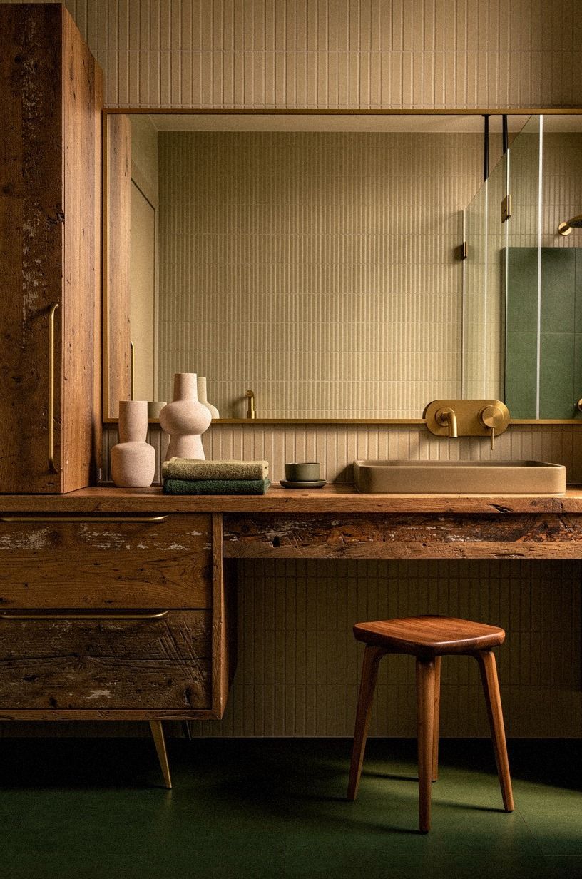 Anchor a Beige Vertical Tile Bathroom with Wood