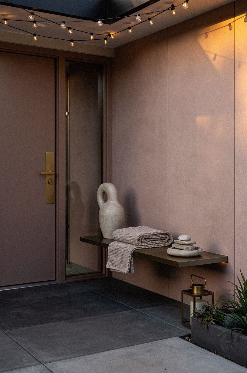Float a slim bench beside the entrance