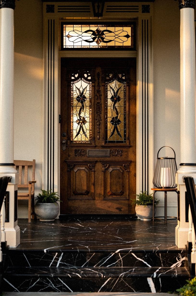 Layer stained glass over a Victorian wooden door
