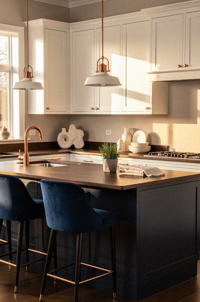 White kitchens, brown countertops, and the right balance