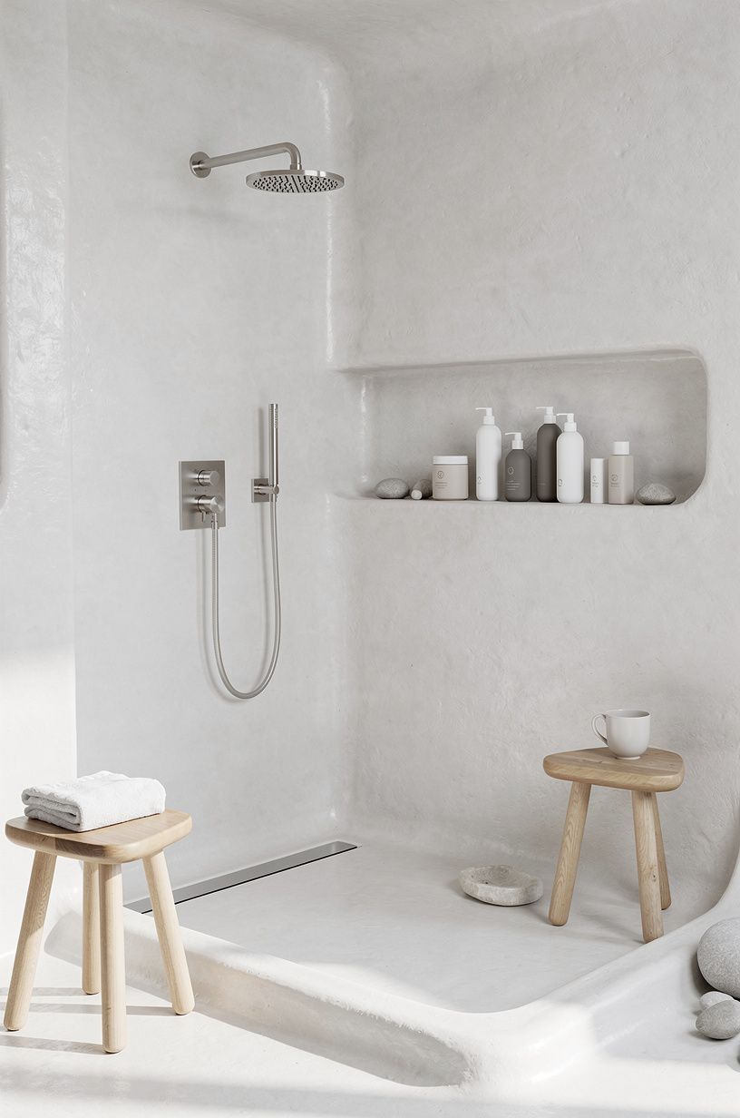 Keep the shower bright with a mineral-white ceiling