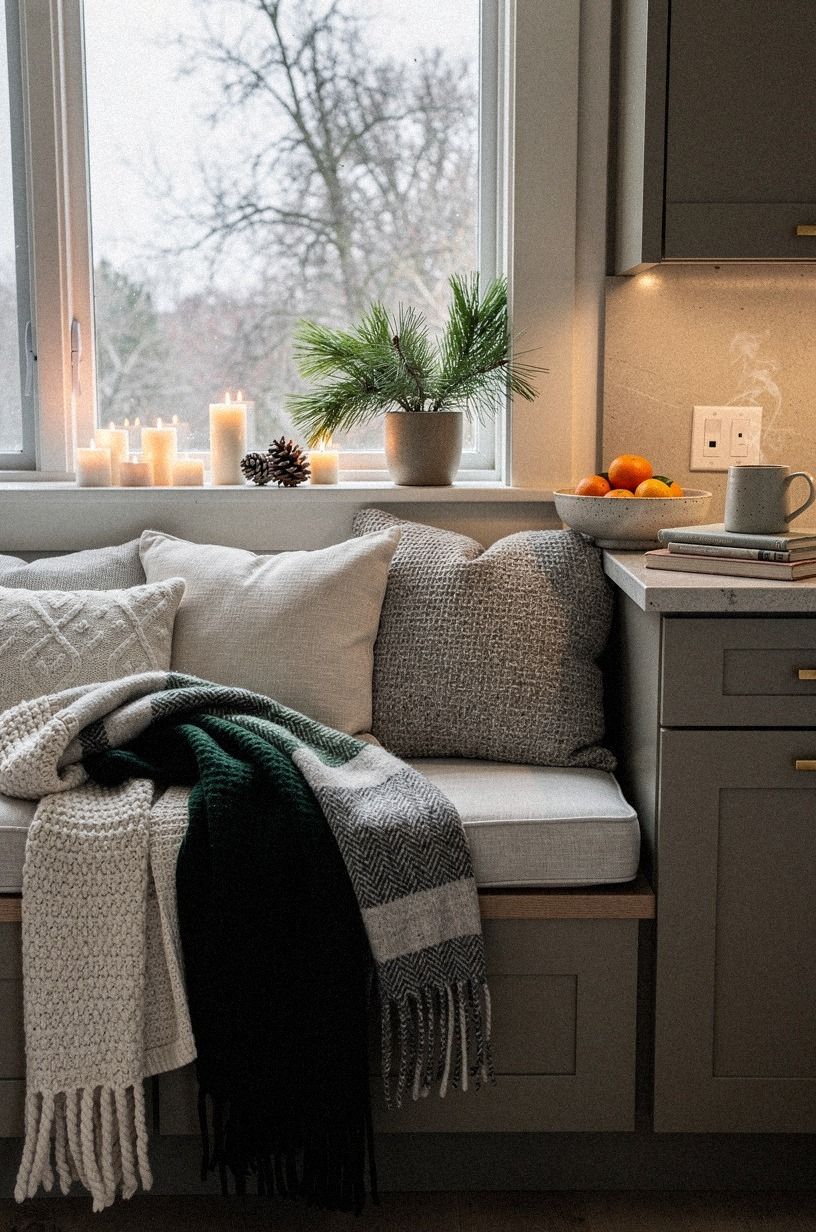 I Turned the Window Bench Into the Warmest Spot, sage green palette
