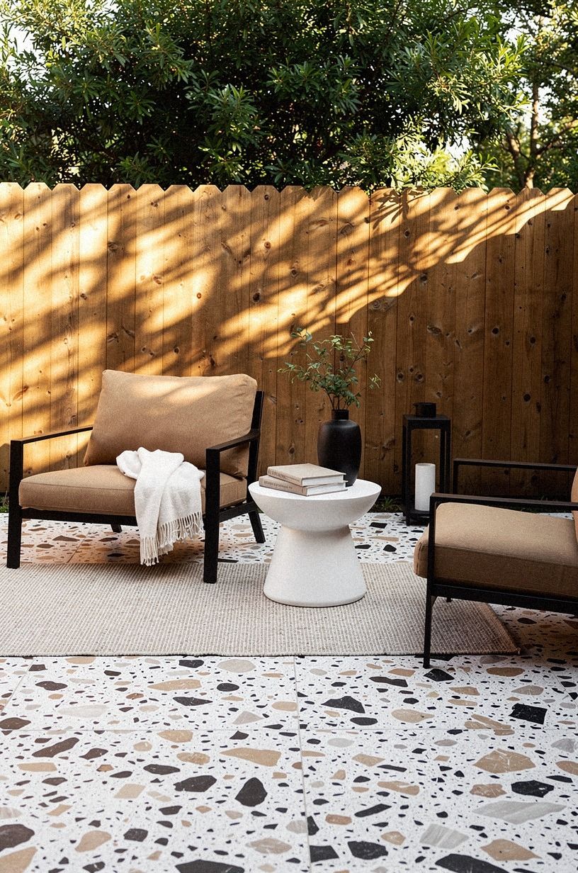 I chose a tall wood privacy fence with a softer edge, warm white palette