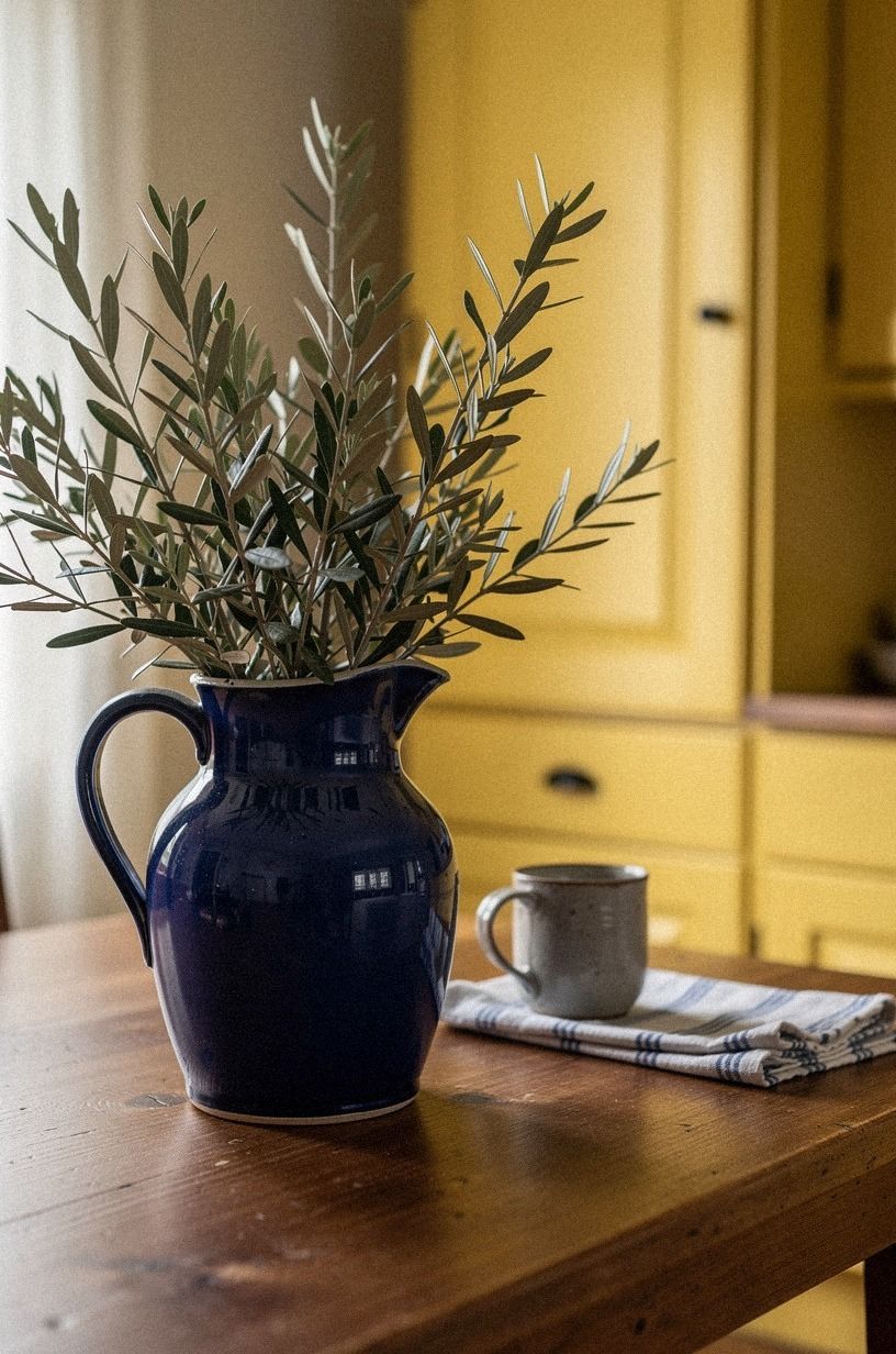 Style yellow decor with blue pottery