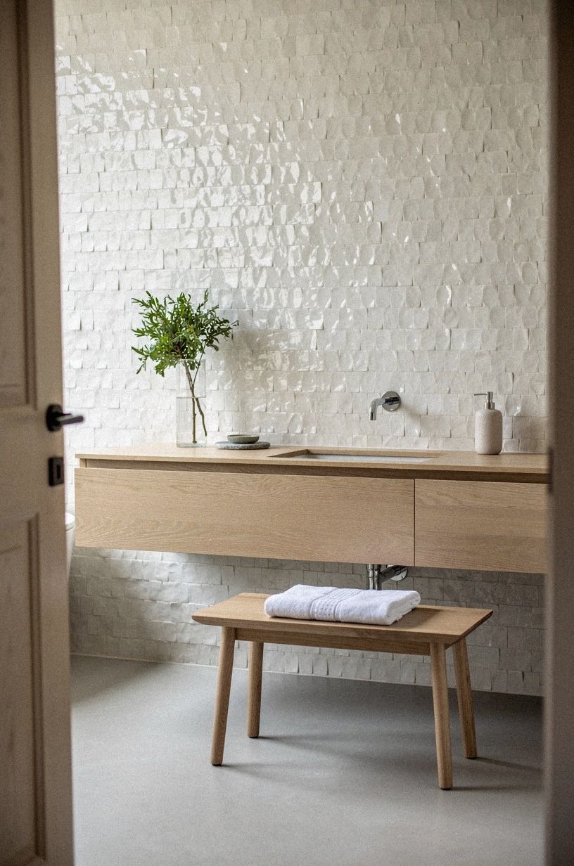 Float the vanity over a quiet oak floor