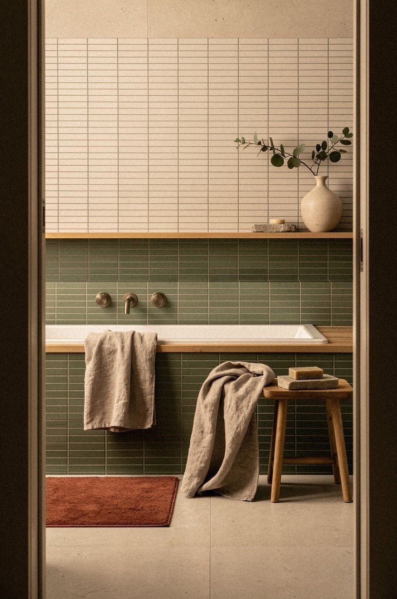 How can a stacked tile layout widen the tub wall?